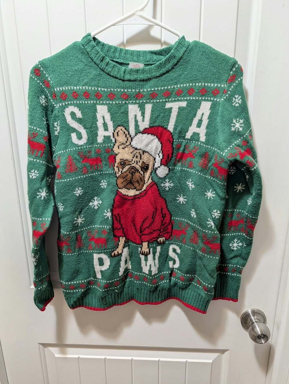 Holiday Time Kids French Bulldog Ugly Christmas Sweater Green Size L Reindeer